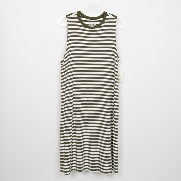 Time and Tru Olive Green Striped Tank Dress Sleeveless Casual Relaxed Fit Size L - Picture 2 of 9